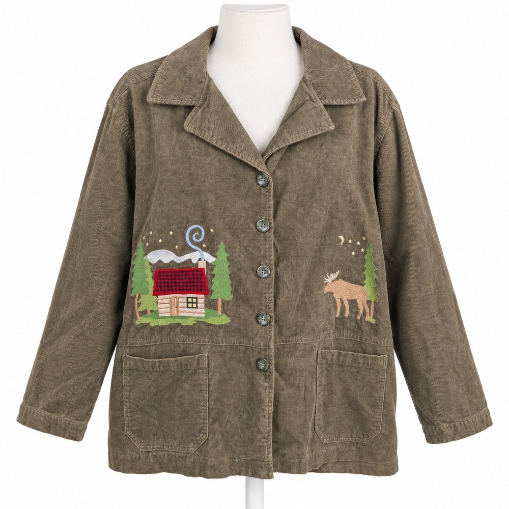 Vintage 90s Embroidered Cabin Moose Jacket Size L Green Corduroy Cottagecore